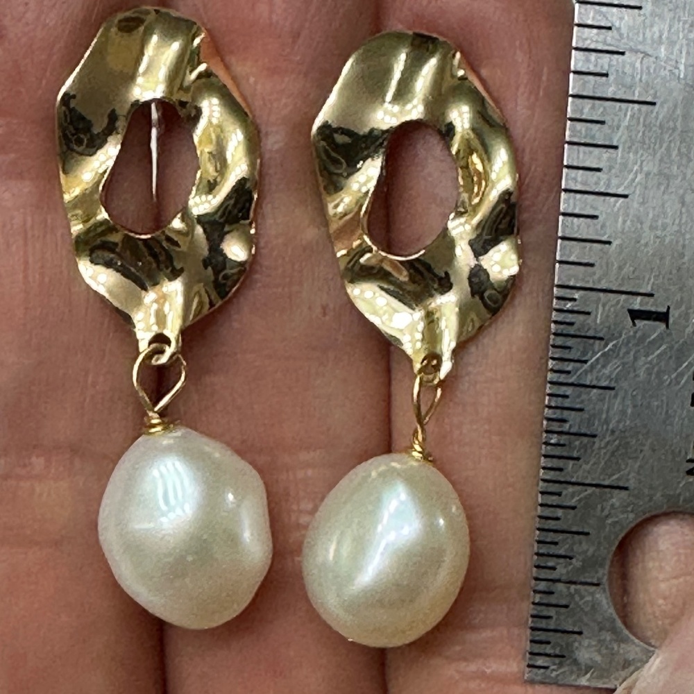 11mm White Baroque Pearls Dangling from 14K Gold Plate Earrings - Picture 3 of 6